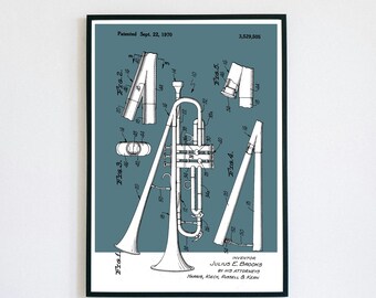 Double Bell Trumpet Patent Print | Brass Jazz Band Instrument | Digital Download | Retro Polaroid Style | Room Decor | Vintage Music Poster