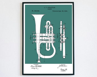 Cornet Patent Print | Brass Band Musical Instrument | Digital Download | Retro Polaroid Style | Room Decor | Vintage Music Poster | Soloist