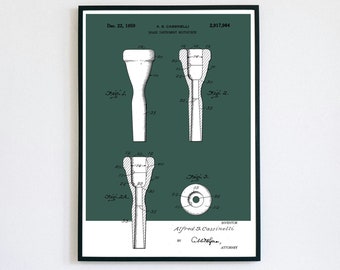 Al Cass Trumpet Mouthpiece Patent Print | Brass Band Instrument | Digital Download | Retro Polaroid Style | Decor | Vintage Music Poster