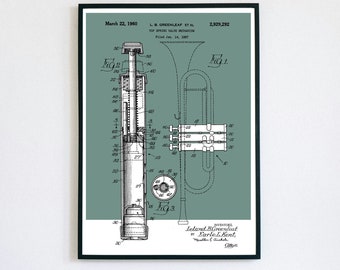 Trumpet Valve Spring Patent Print | Brass Band Musical Instrument | Digital Download | Retro Polaroid Style | Decor | Vintage Music Poster