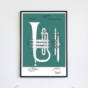 Op de afbeelding: Een vintage patenttekening van een cornet, met de titel "J. F. Stratton. Cornet. Gepatenteerd op 22 april 1890."