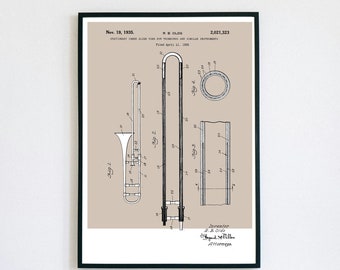 Trombone Patent Print | Printable Wall Art | Brass Instrument | Digital Download | Retro Polaroid Style | Room Decor | Vintage Music Poster