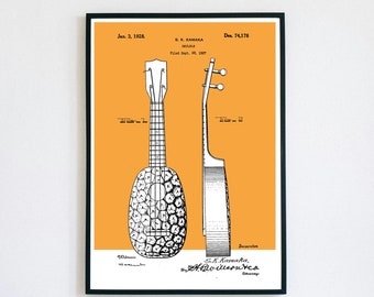 Pineapple Ukulele Patent Print | Musical Instrument | Digital Download | Retro Polaroid Style | Room Decor | Vintage Music Poster | Hawaii