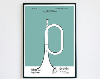 Bugle Patent Print | Musical Instrument | Digital Download | Retro Polaroid Style | Room Decor | Vintage Music Poster | Jazz Military Scouts