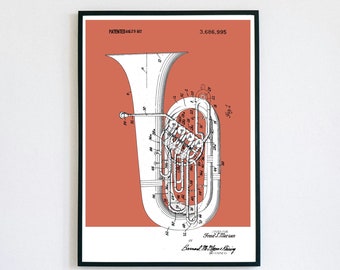 Tuba Patent Print | Printable Wall Art | Low Brass Instrument | Digital Download | Retro Polaroid Style | Room Decor | Vintage Music Poster