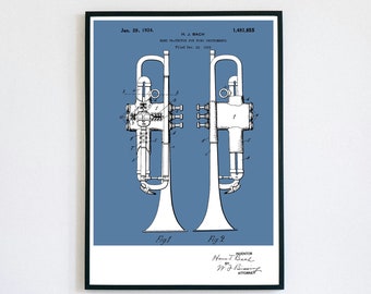 Trumpet Patent Print | Printable Wall Art | Brass Instrument | Digital Download | Retro Polaroid Style | Room Decor | Vintage Music Poster
