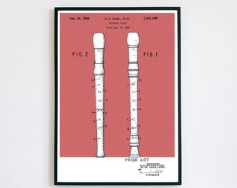 Child's Recorder Patent Print | Printable Wall Art | Woodwind Instrument | Digital Download | Retro Polaroid Style | Vintage Music Poster