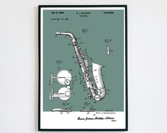 Tenor Saxophone Patent Print | Printable Wall Art | Woodwind Instrument | Digital Download | Retro Polaroid Style | Vintage Music Poster
