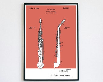 Soprano Saxophone Patent Print | Printable Wall Art | Woodwind Instrument | Digital Download | Retro Polaroid Style | Vintage Music Poster