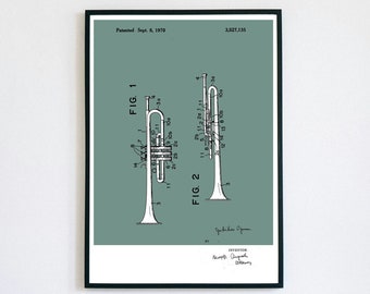 Trumpet Patent Print | Musical Instrument | Digital Download | Retro Polaroid Style | Decor | Vintage Music Poster | Jazz Classical Band
