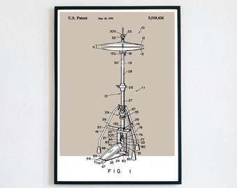 Hi-Hat Patent Print | Printable Wall Art | Jazz Big Band | Digital Download | Retro Polaroid Style | Percussion Drums | Vintage Music Poster