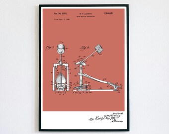 Ludwig Drum Foot Pedal Patent Print | Printable Art | Jazz Big Band | Digital Download | Retro Style | Percussion | Vintage Music Poster