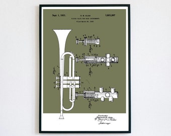 Trumpet Patent Print | Musical Instrument | Digital Download | Retro Polaroid Style | Decor | Vintage Music Poster | Jazz Classical Band