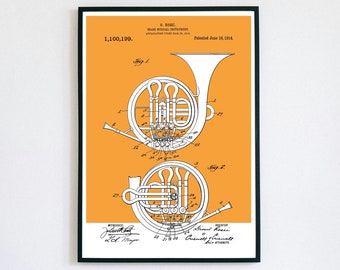 French Horn Patent Print | Printable Wall Art | Brass Instrument | Digital Download | Retro Polaroid Style | Decor | Vintage Music Poster