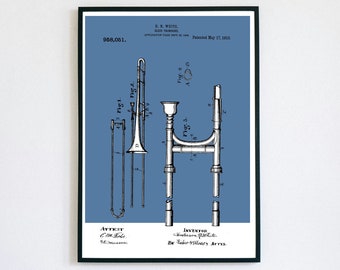 Trombone Patent Print | Printable Wall Art | Brass Instrument | Digital Download | Retro Polaroid Style | Room Decor | Vintage Music Poster