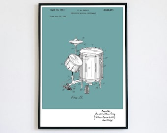 Drum Set Patent Print | Printable Wall Art | Jazz Big Band | Digital Download | Retro Polaroid Style | Percussion | Vintage Music Poster