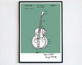 Guitar Patent Print | Musical Instrument Printable | Digital Download | Retro Polaroid Style | Decor | Vintage Jazz Acoustic Music Poster