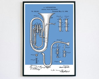 Euphonium Patent Print | Printable Wall Art | Brass Instrument | Digital Download | Retro Polaroid Style | Room Decor | Vintage Music Poster