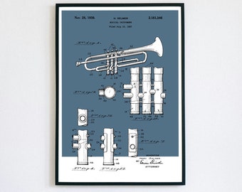 Trumpet Patent Print | Printable Wall Art | Brass Instrument | Digital Download | Retro Polaroid Style | Room Decor | Vintage Music Poster