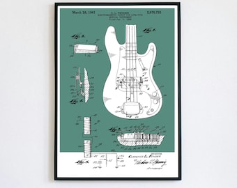 Bass Guitar Patent Print | Musical Instrument Printable | Digital Download | Retro Polaroid Style | Fender Co. | Vintage Jazz Music Poster
