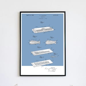 May include: A vintage blue and white patent drawing for a harmonica. The drawing shows the harmonica from different angles and includes the text "April 10, 1945", "F. H. MAGNUS", "HARMONICA", "Filed Dec. 3, 1942", "2,373,129", "INVENTOR", "F. H. MAGNUS", "BY", "Thos. F. Black", "ATTORNEY".