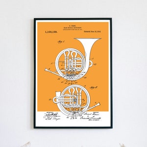 French Horn Patent Print | Printable Wall Art | Brass Instrument | Digital Download | Retro Polaroid Style | Decor | Vintage Music Poster