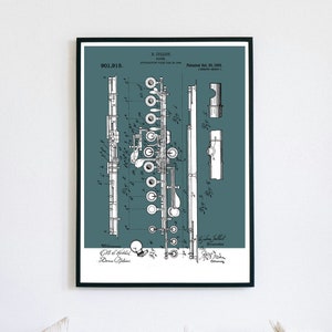 Fluit-patentprint | Afdrukbare muurkunst | Houten blaasinstrument | Digitale download | Retro polaroidstijl | Kamerdecoratie | Vintage muziekposter