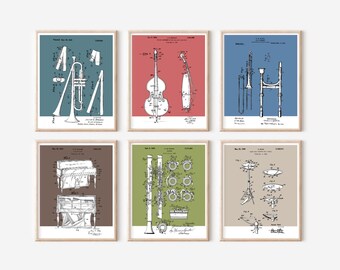6 pc Jazz Band Patent Prints Bundle | Printable Jazz Art | Retro Polaroid Style | Music Instrument | Digital Download | Vintage Music Poster
