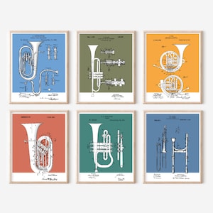 6 pc Brass Section Patent Prints Bundle | Printable Art |  Retro Polaroid Style | Music Instrument | Digital Download | Vintage Music Poster
