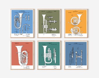 6 pc Brass Section Patent Prints Bundle | Printable Art |  Retro Polaroid Style | Music Instrument | Digital Download | Vintage Music Poster