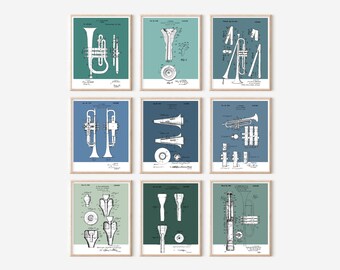 9 pc Trumpet Patent Prints Bundle | Printable Art |  Retro Polaroid Style | High Brass Instruments | Digital Download | Vintage Music Poster