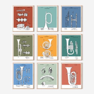 9 pc Brass Section Patent Prints Bundle | Printable Art |  Retro Polaroid Style | Music Instrument | Digital Download | Vintage Music Poster
