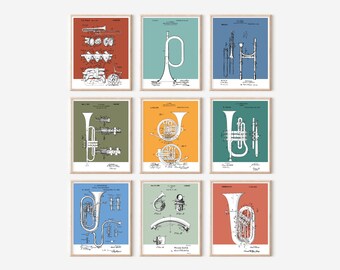 9 pc Brass Section Patent Prints Bundle | Printable Art |  Retro Polaroid Style | Music Instrument | Digital Download | Vintage Music Poster