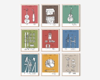 9 pc Jazz Band Patent Prints Bundle | Printable Jazz Art | Retro Polaroid Style | Music Instrument | Digital Download | Vintage Music Poster