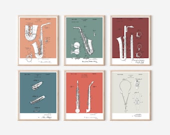 6 pc Saxophone Patent Prints Bundle | Printable Art |  Retro Polaroid Style | Woodwind Instruments | Digital Download | Vintage Music Poster
