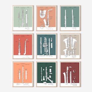 9-teiliges Holzbläserpatentdruck-Bundle | Druckbare Kunst |  Retro Polaroid | Musikinstrument | Digitaler Download | Vintage Musik Poster