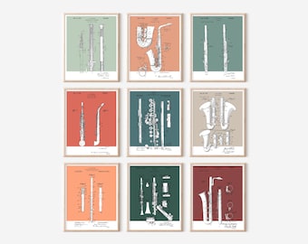 9 pc Woodwind Section Patent Prints Bundle | Printable Art |  Retro Polaroid | Music Instrument | Digital Download | Vintage Music Poster