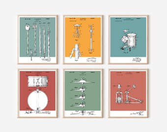 6 pc Drummer Patent Prints Bundle | Printable Jazz Art | Retro Polaroid Style | Music Instruments | Digital Download | Vintage Music Poster