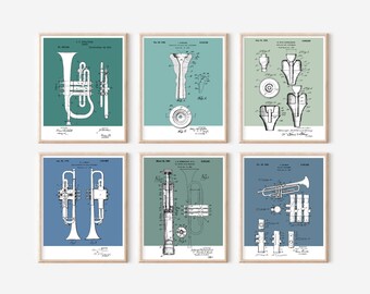 6 pc Trumpet Patent Prints Bundle | Printable Art |  Retro Polaroid Style | High Brass Instruments | Digital Download | Vintage Music Poster