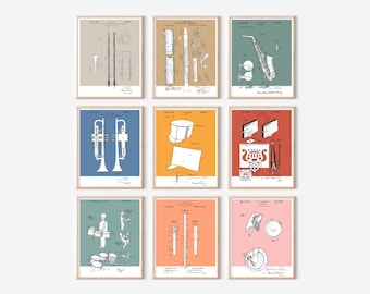 9 pc Marching Band Patent Prints Bundle | Printable Art |  Retro Polaroid Style | Field Instrument | Digital Download | Vintage Music Poster