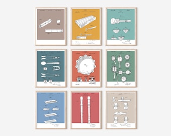 9 pc Children's Instruments Patent Prints Bundle | Printable Art |  Retro Polaroid Style | Kids | Digital Download | Vintage Music Poster