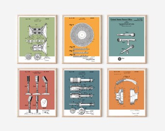 6 pc Recording Studio Patent Prints Bundle | Printable Art |  Retro Polaroid Style | Technology | Digital Download | Vintage Music Poster