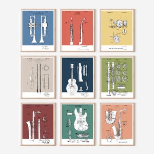 9 pc Big Band Patent Prints Bundle | Printable Jazz Art | Retro Polaroid Style | Music Instruments | Digital Download | Vintage Music Poster