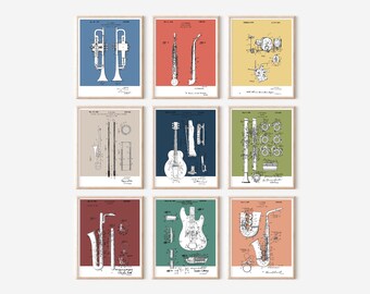 9 pc Big Band Patent Prints Bundle | Printable Jazz Art | Retro Polaroid Style | Music Instruments | Digital Download | Vintage Music Poster