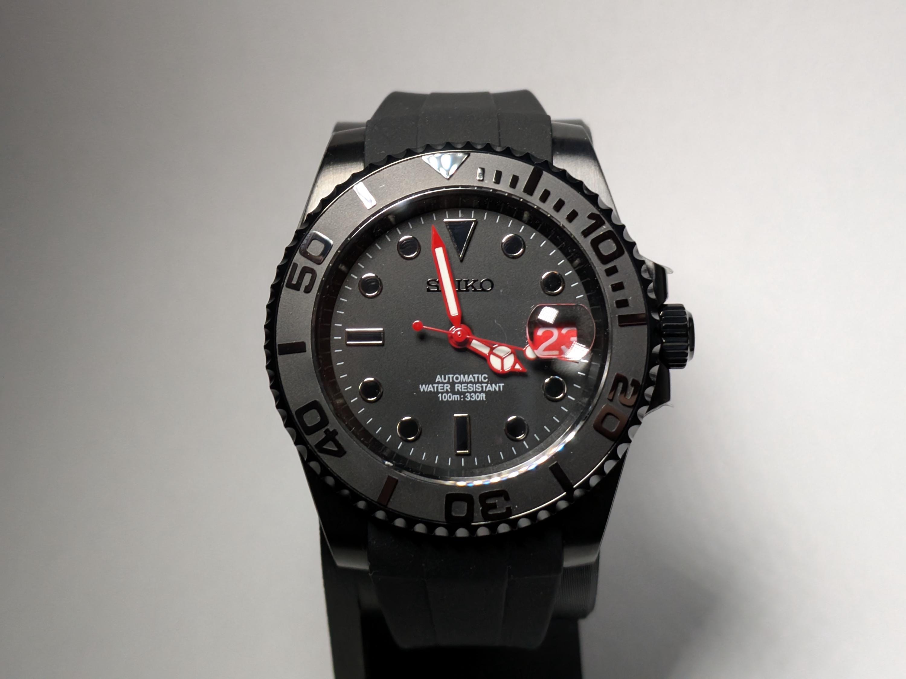 Custom Mod Watch Black Red Stainless Steel Diver With Seiko
