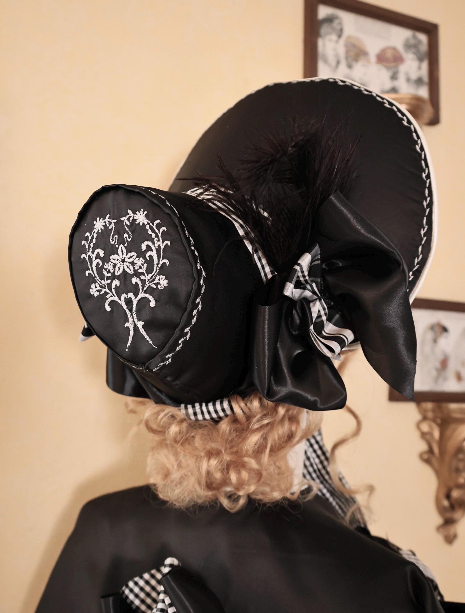 Poke Bonnet Hat Romantic Era Post Regency Black Satin Vichy