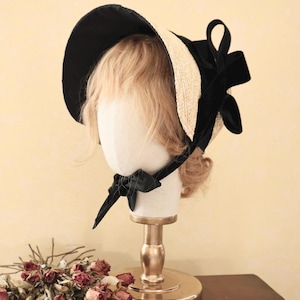 Hat victorian bonnet 1840 1850 1860 summer straw black velvet napoleon civil war Sissi 19th century gift summer vichy fêtes napoleon III