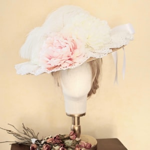 Edwardian hat made with vintage lace, flowers, ribbons, antique feathers handmade in France 1890 1900 1905 belle époque historical summer
