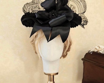 Victorian hat 1890s 1900s 19th century historical reenactment gothic alternative for women gift vampire velvet lace jet beads summer
