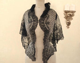 Antique Needles Lace Shawl Veil Capelet Cape Victorian Era 1840s